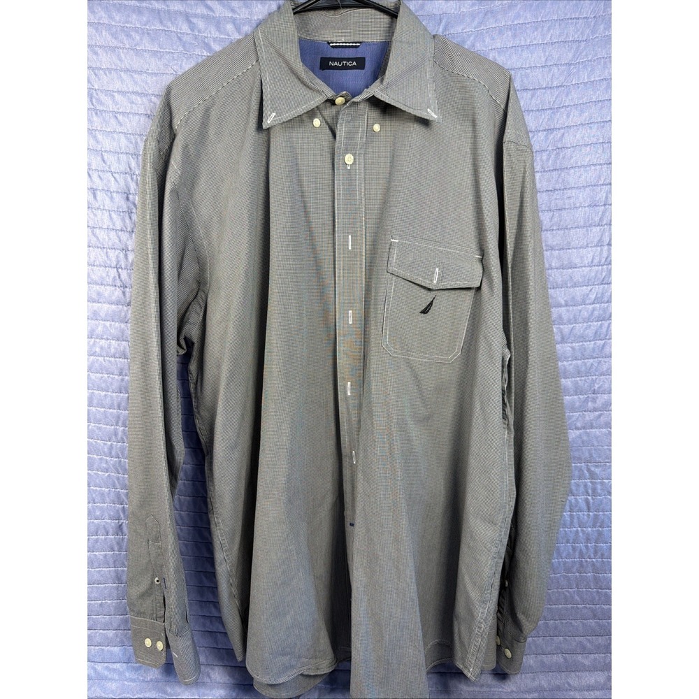 Nautica Men's XL Long Sleeve‎ Button Down Shirt Gray Check Pocket Casual